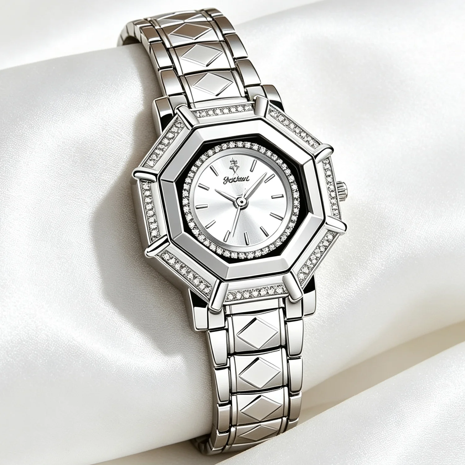 YaLaLuSi Octagonal Silver Dial Women Watch Full Rhinestone Encrusted Bezel Rhombus Pattern Metal Link Bracelet Luxury Elegant Waterproof Ladies Quartz Dress Wristwatch For Office Wedding Dating