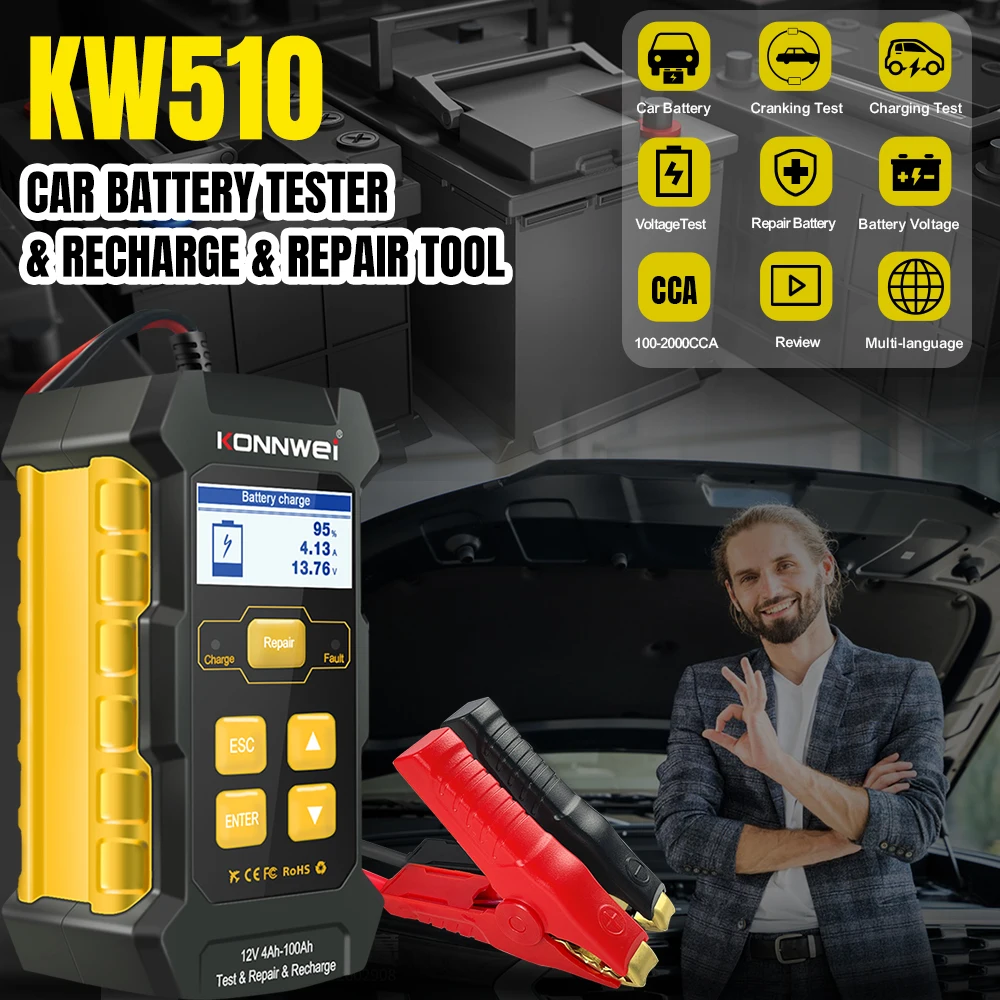 Factory Konnwei KW510 Car Battery Tester& Charger For 12V Car Truck Motor Lead Acid, Lithium Batteries 5A Car Battery Charger