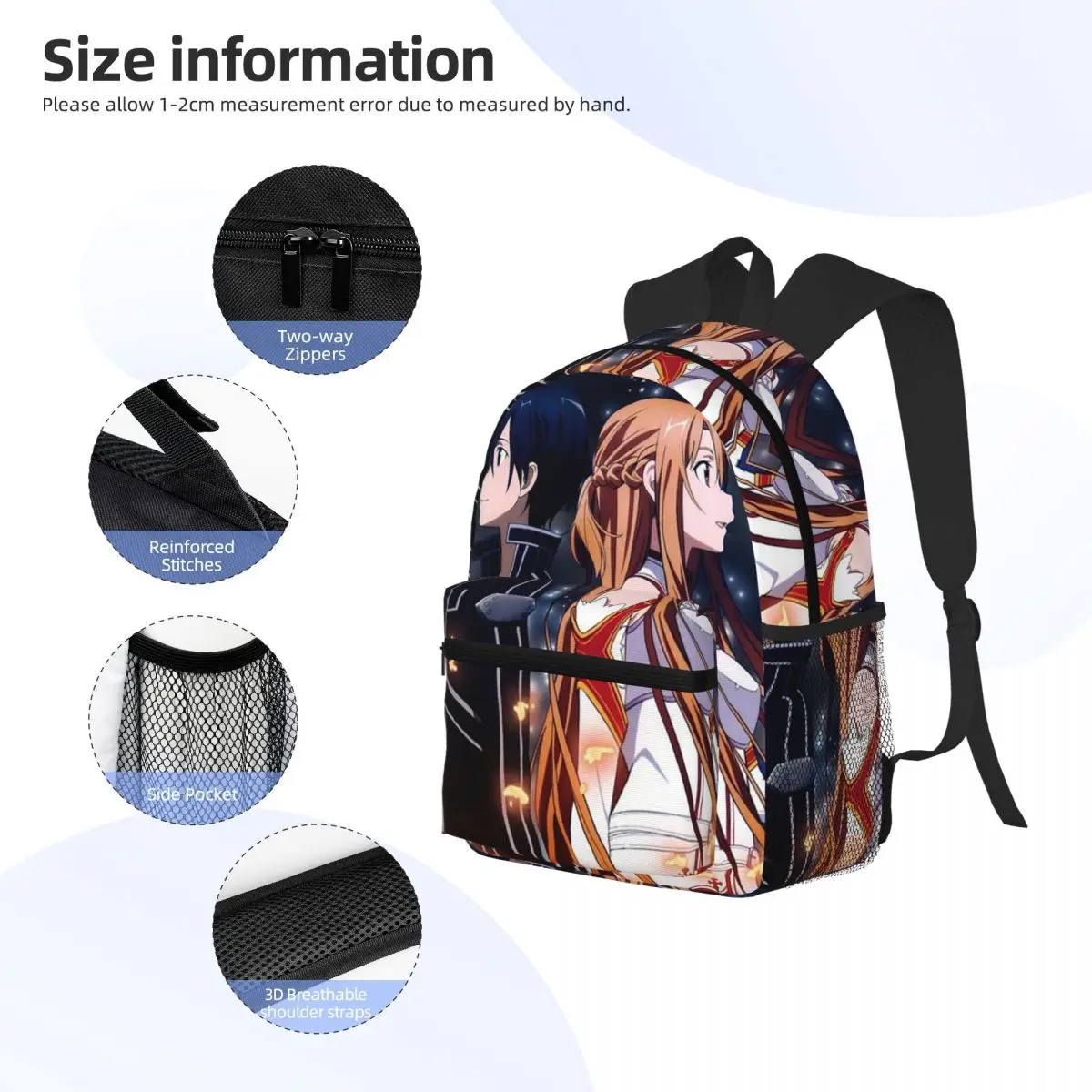حقيبة ظهر للطلاب من Sword Art Online Kirito and Asuna حقيبة مدرسية للمشي لمسافات طويلة والسفر حقيبة نهارية للرجال والنساء حقيبة كتب عصرية حقائب كتف