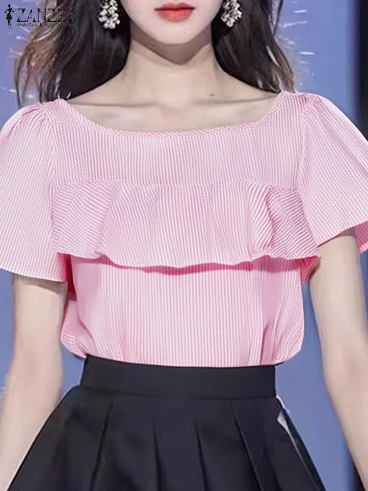 ZANZEA Striped Blusas Women Ruffled Tops Vintage Short Sleeve Blouse Casual O Neck Tunics 2025 Summer Bohemian Pullove S-3XL