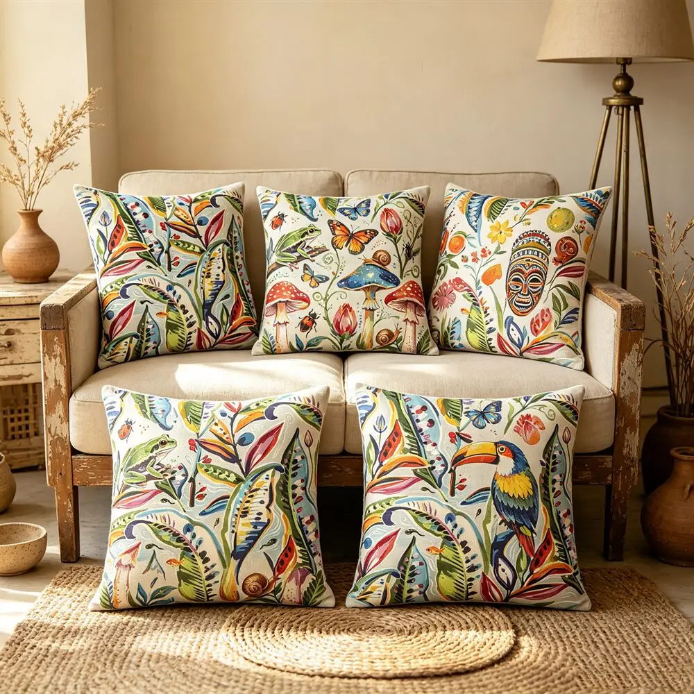 Watercolor Tropical Jungle Cushion Cover 45*45 Boho Parrot Frog Mushroom Print Decorative Throw Pillow Case For Home Sofa Decor