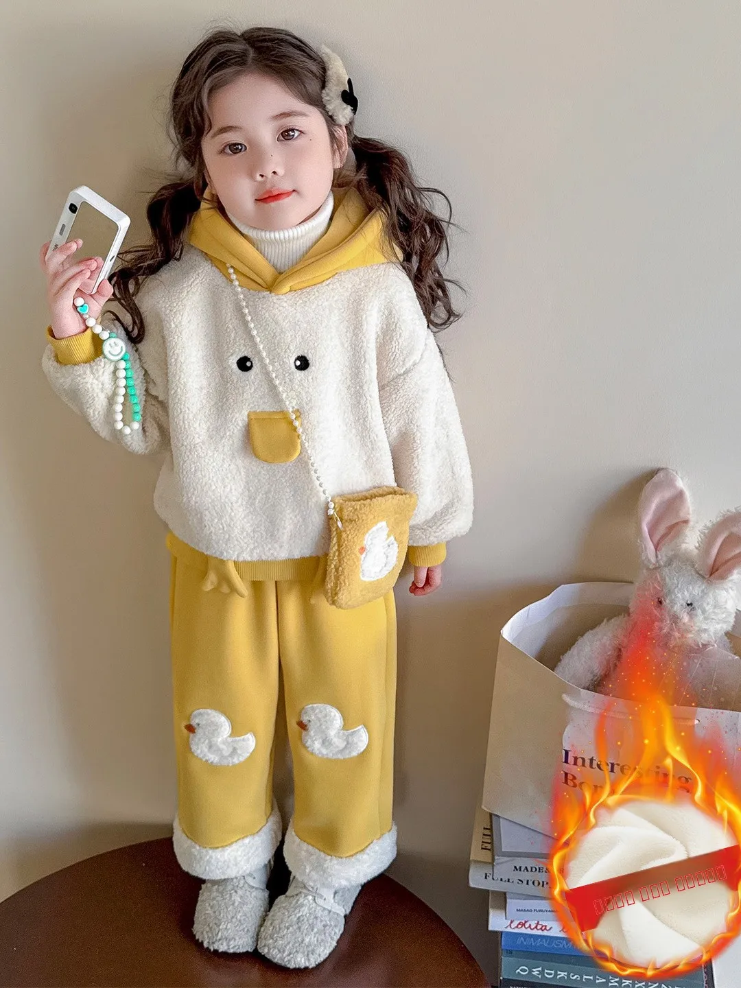 女の子用裏地付きフード付きジャケットとパンツのセット、暖かくて可愛い子供用アンサンブル、秋冬シーズン向け