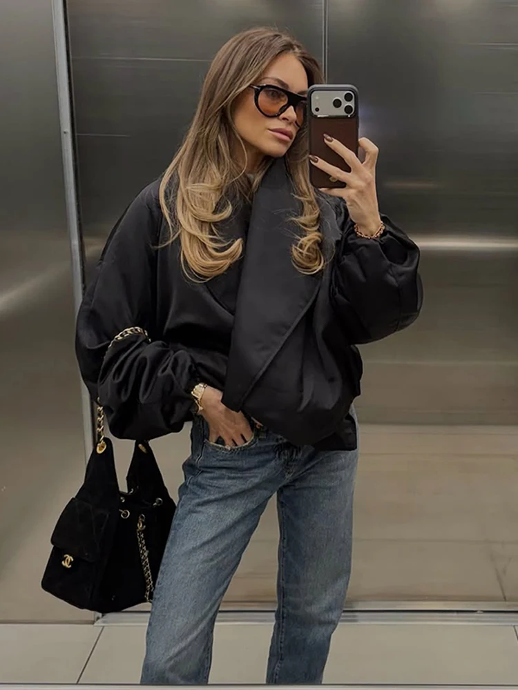 Vintage Damen Gefütterte Bomberjacke Locker Geschnitten Versteckte Schnallenverschlüsse Taschen Lange Ärmel Stehkragen Schwarze Mäntel Frühjahr Herbst Oberbekleidung 2026