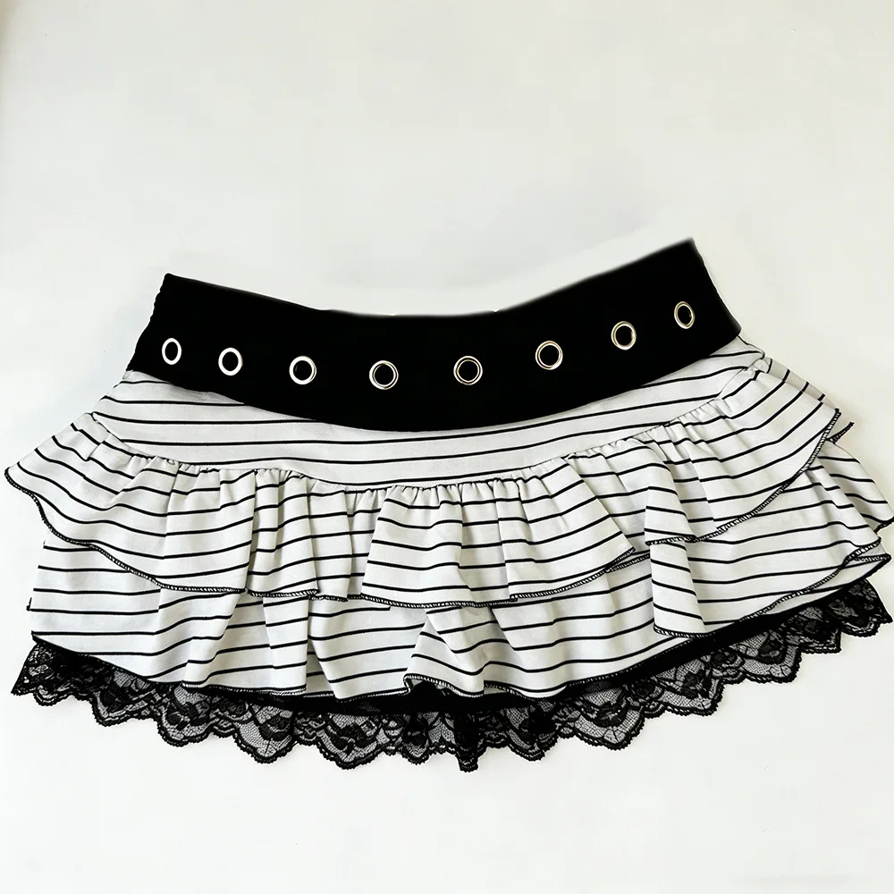 Stripe Tiered Ruffle Mini Skirt Eyelet Wide Waistband Lace Trim Hem Y2K Micro Skort