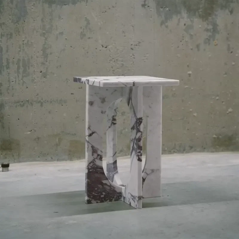Minimalist Marble Sofa Edge Side Table Movable Circle Ocean Storm Marble Corner Table For Small Housing