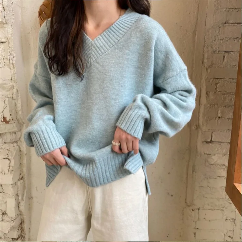 سترة نسائية محبوكة فضفاضة على شكل حرف V لينة زرقاء ربيع الخريف عادية حلوة مباراة طويلة Sve قاعدة Sle اليابانية irt #1