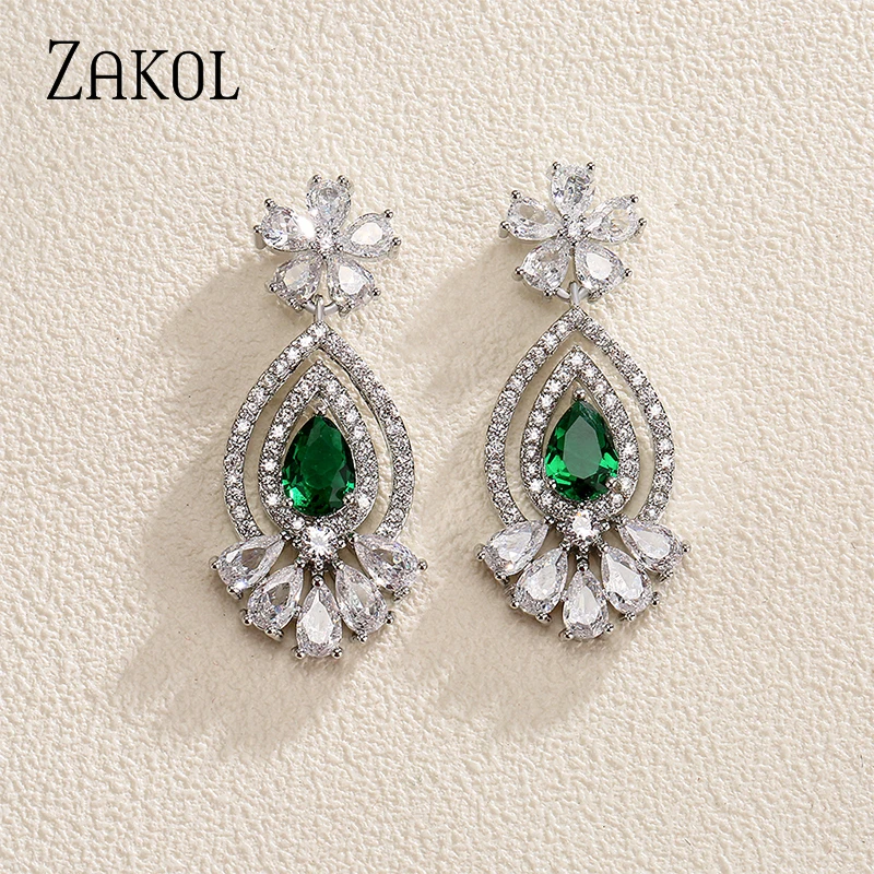 ZAKOL Exquisite Retro Green Teardrop Cubic Zirconia Geometric Flower Dangle Earrings for Women Female Party Jewelry Wholesale