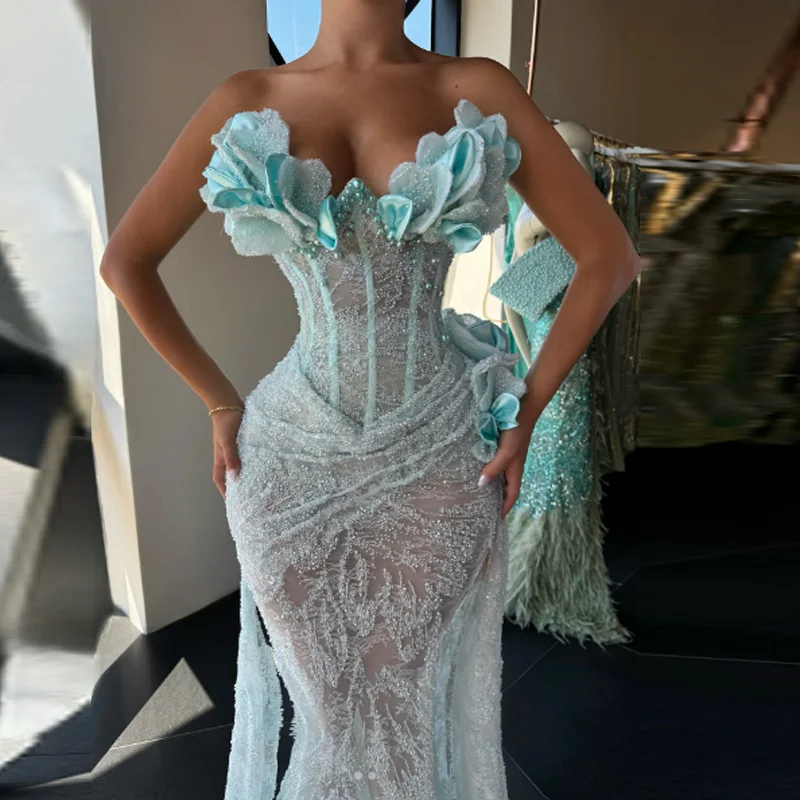 Angepasst Perlen Prom Kleider Elegante Spitze Liebsten Blumen Frauen Abendkleid Meerjungfrau Hochzeit Party Kleider Vestidos