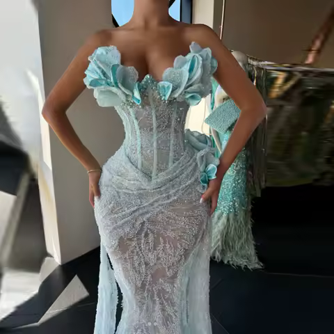 Customized Beading Prom Dresses Elegant Lace Strapless Flowers Women Evening Dress Mermaid Wedding Party Gowns Vestidos