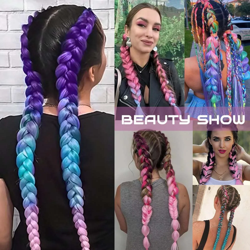 Colored Hair Extensions Synthetic Ombre Braid Ponytail Blend Hair Tinsel with Tie 26 “for Women＆Girls Festival Hair Accessories