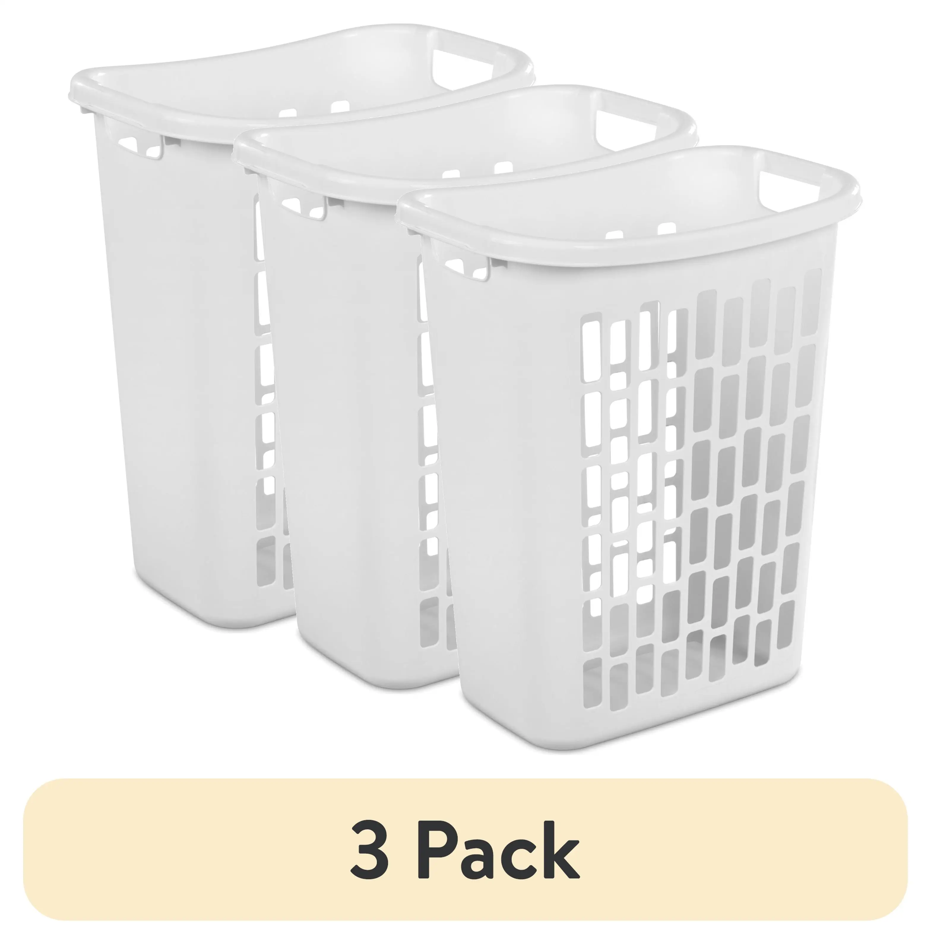 

3-Pack Rectangular Open Plastic Hamper, White, Compact Design for Small Spaces