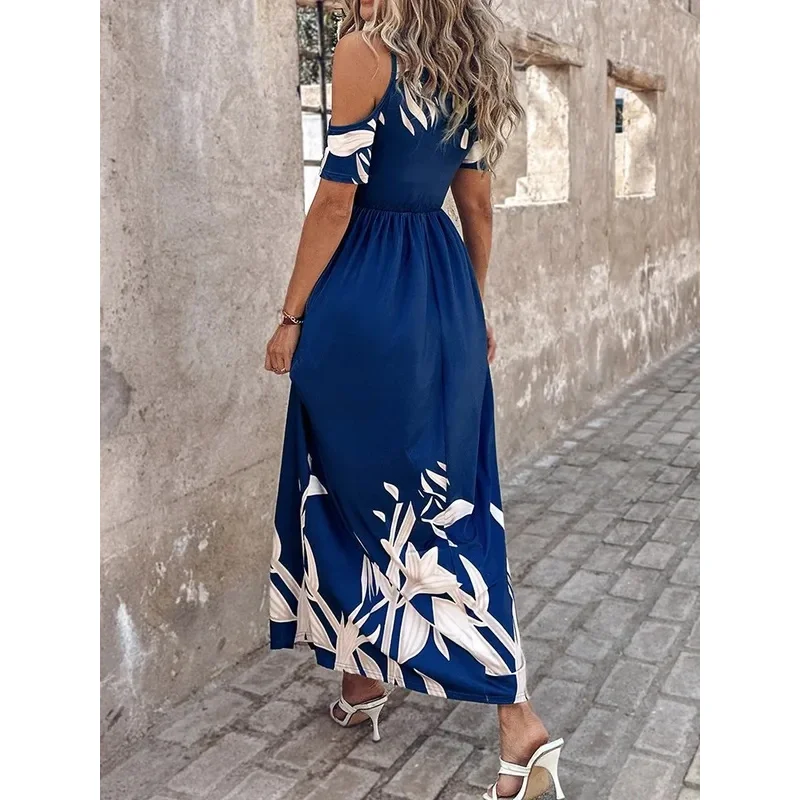 여름 여성 프린트 드레스 패션 섹시 V넥 반팔 오프숄더 캐주얼 엘레강스 맥시 드레스 여성 클럽웨어 캐주얼 드레스