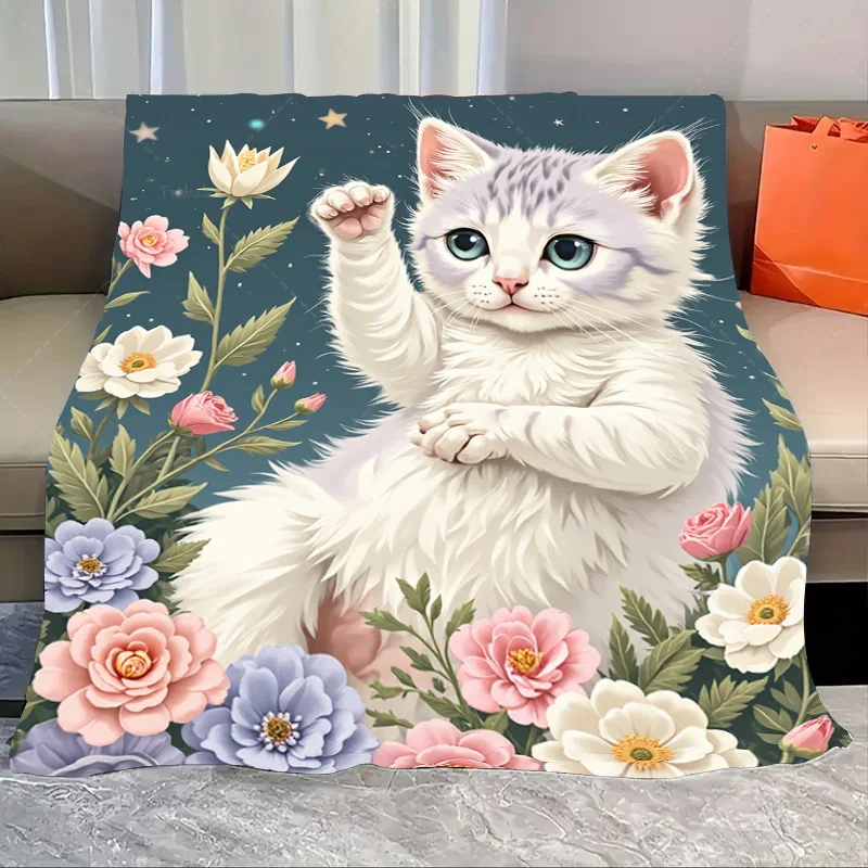 1 قطعة بطانية الفانيلا لطيف القط مع طباعة الأزهار بطانية مريحة لينة لديكور المنزل #1