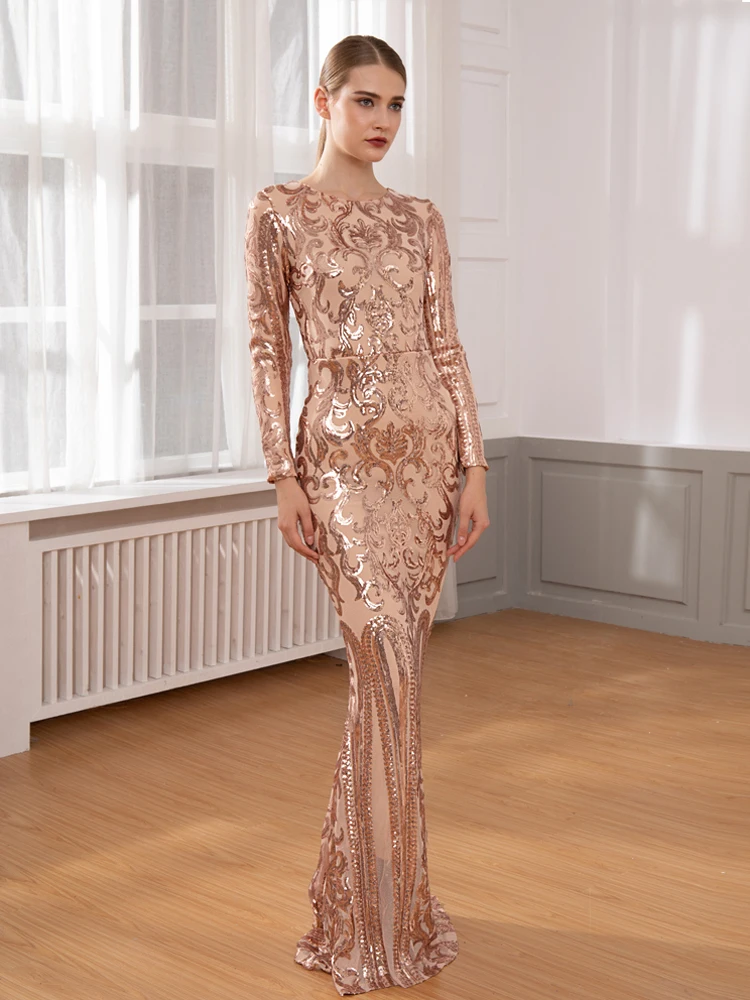 

Gold Elegant Sequined Vestido Full Sleeved Party Dress Floor Length Bodycon Maxi Dress Evening Gown