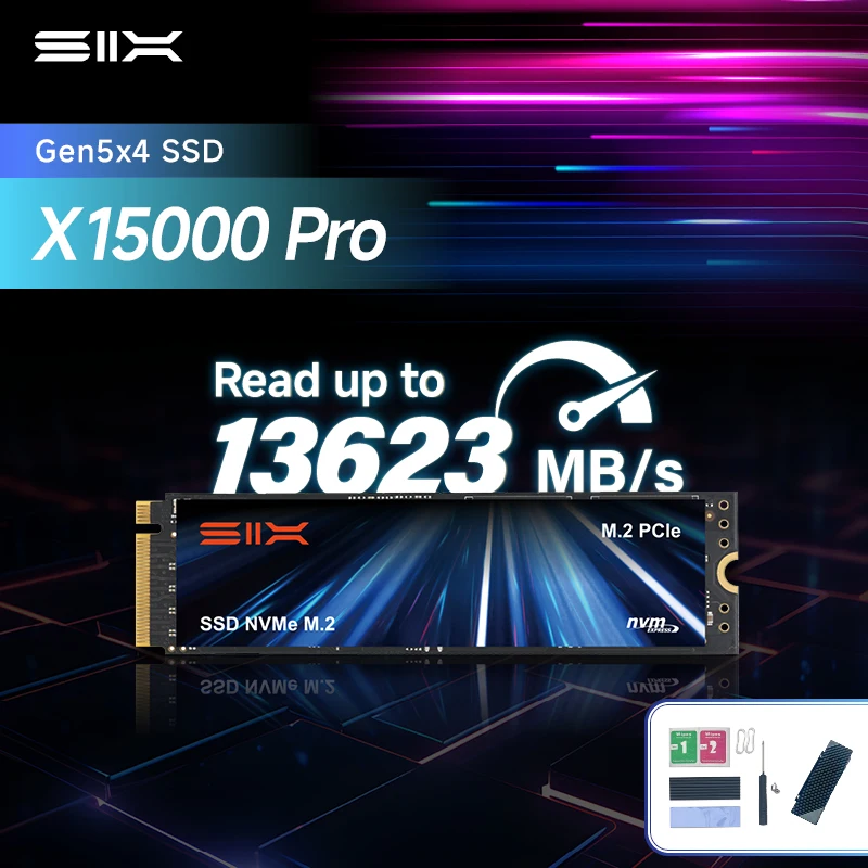 SIX X15000Pro 1 تيرابايت 13623 ميجابايت/ثانية PCIe 5.0 M.2 NVMe SSD، 2 جيجابايت LPDDR4 DRAM مع مبدد حرارة، 1500 كيلو IOPS، محرك داخلي Gen5 للألعاب
