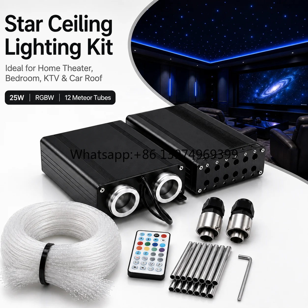 25W Star Ceiling Fiber Optic Lighting Kit with 1200pcs PMMA Fiber and 12 Meteor Tubes