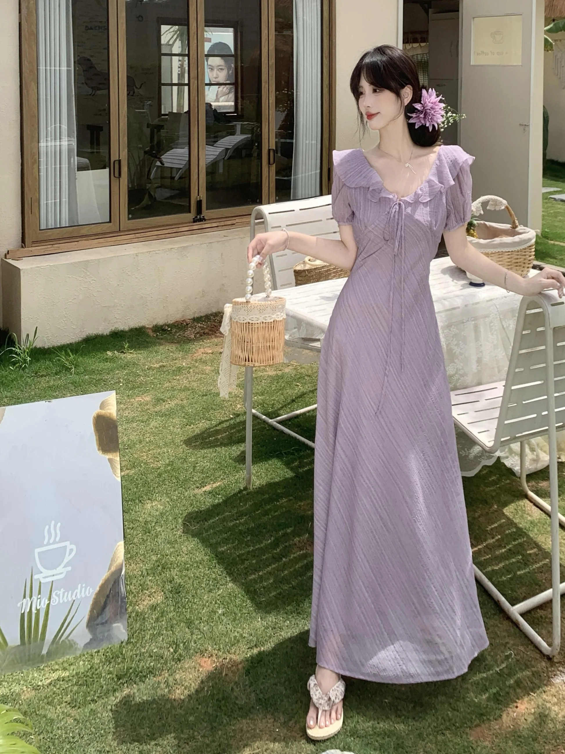 

plus Size Women's Gentle Style V-Neck Bubble Sleeve Dress Summer New Waist-Cinching Slimming Hem Over-Knee Long Dress