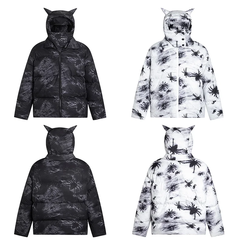 Parka retrô com estampa de aranha masculina com chapéu destacável, jaqueta acolchoada, quente, soprador, bolha, hip hop, rua alta, harajuku, inverno, casaco unissex