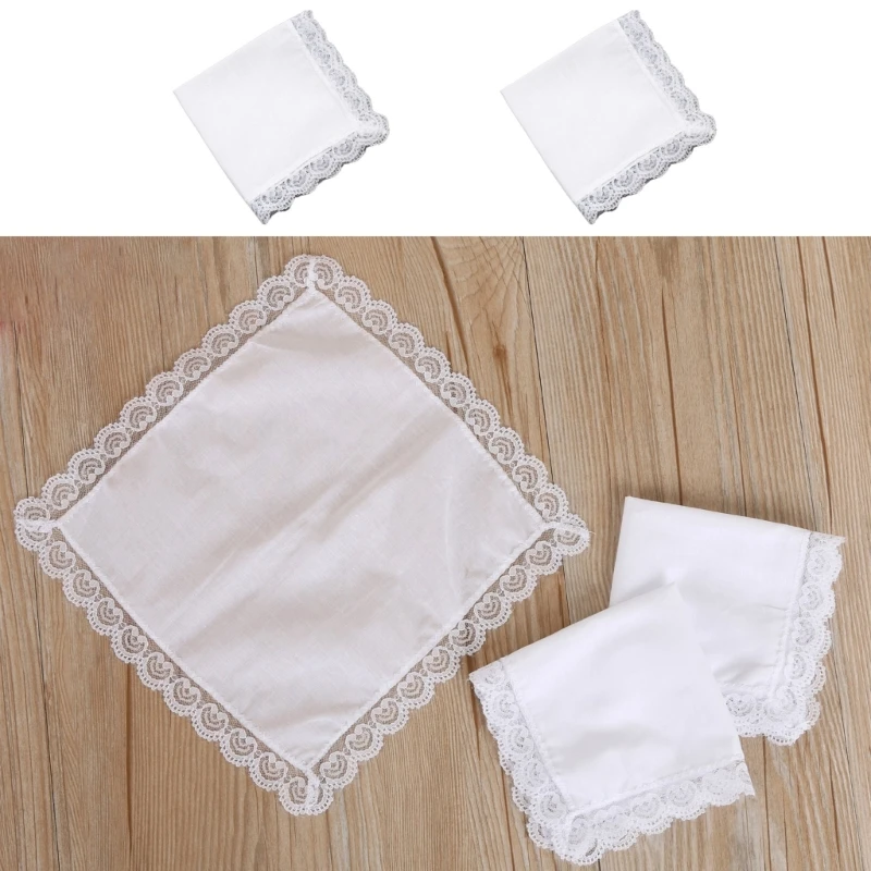 

652F 26x27cm Men Women Cotton Handkerchiefs Solid White Hankies Pocket Lace Trim Towel Diy Painting Handkerchiefs for Woman