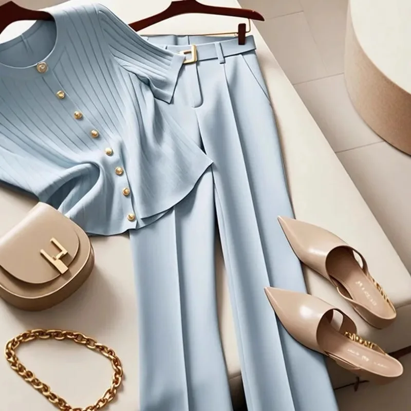 Spring and summer Korean version new fashionable short sleeved T-shirt+micro flared pants two-piece set