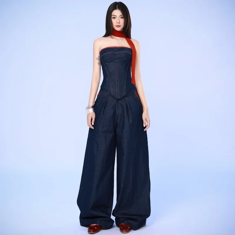

Fashion personality denim smocked undershirt women loose wide leg pants set