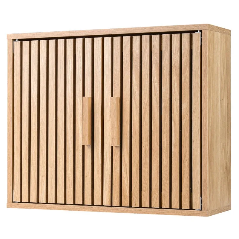 

Bathroom Wall Cabinet with 2 Slatted Doors and 3-Level Adjustable Shelves-Natural