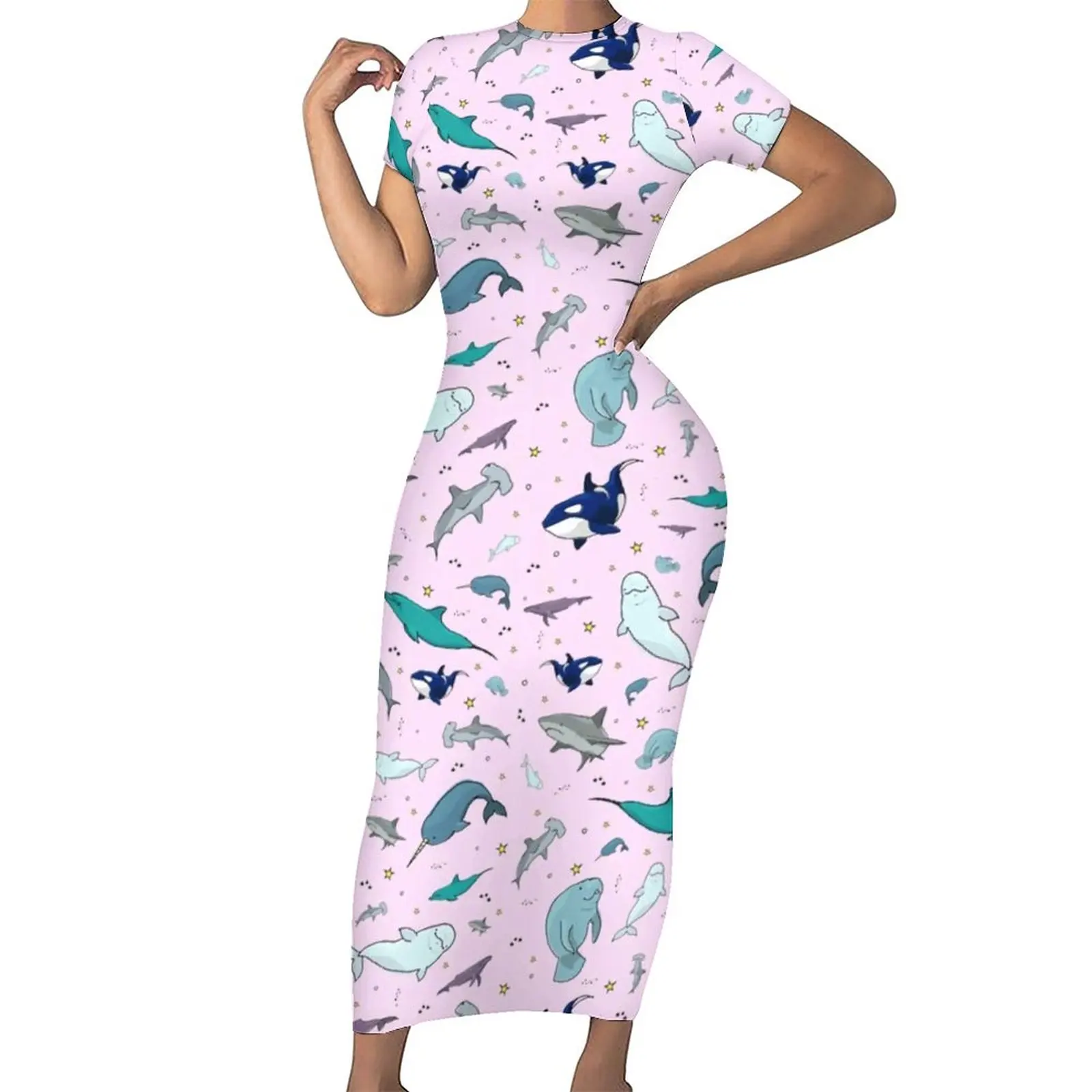 Funky Shark Dress Short Sleeve Cute Ocean Life Pattern Kawaii Maxi Dresses Holiday Street Style Graphic Bodycon Dress 4XL 5XL