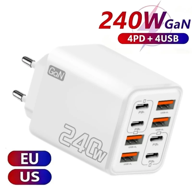 240W GaN USB C Charger 8 in 1 Fast Charging Phone Charger Power Adapter For iPhone Samsung Xiaomi Type C EU/US Plug Wall Charger
