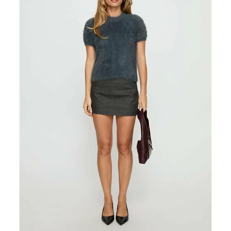 

Combhasaki Women Y2k Soft Furry Plush Cropped Sweater Top Short Sleeve Crewneck Cozy Fuzzy Shaggy Slim Knitwear Pullover Jumpers