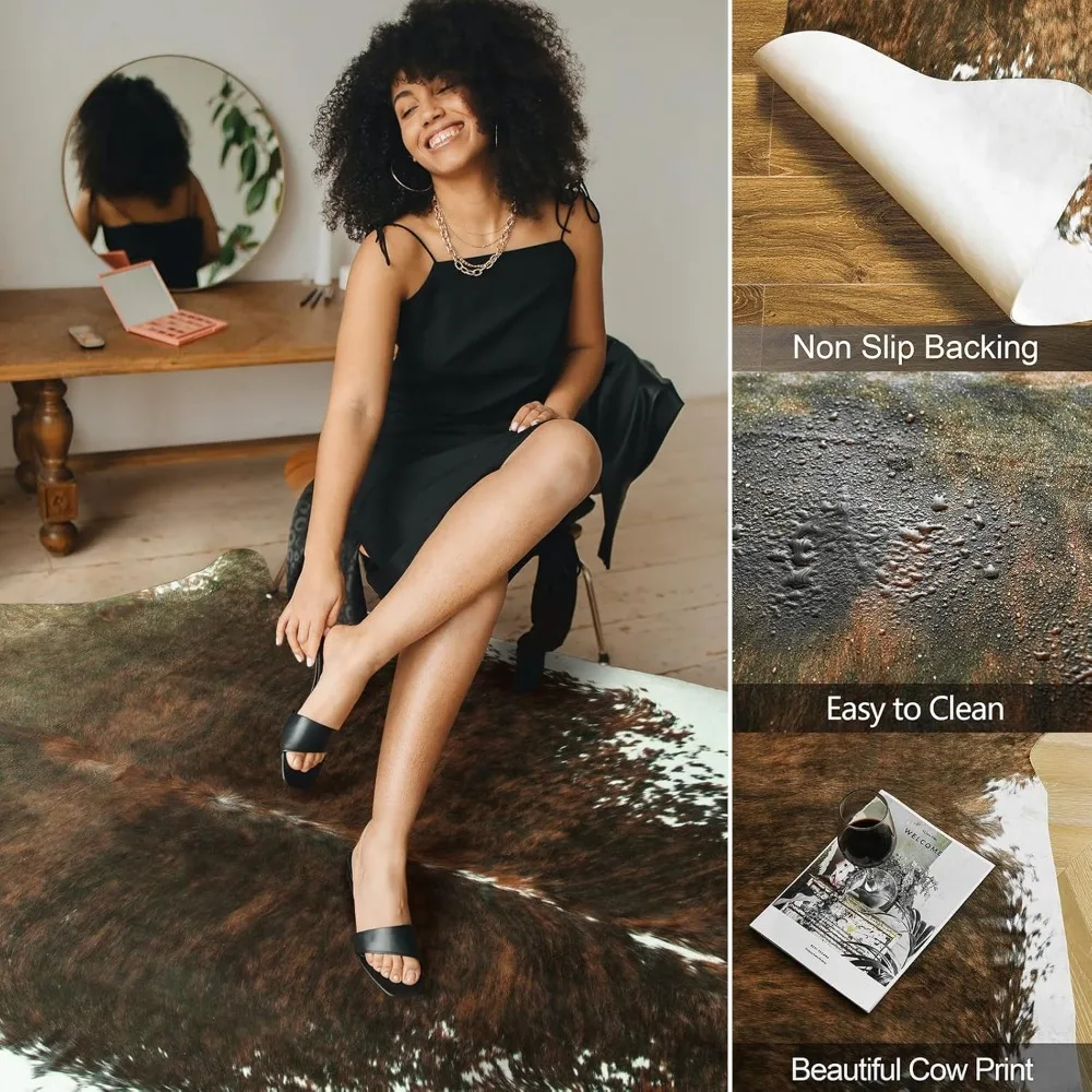 Premium Faux Cowhide Rug 4.6 x 5.2 Feet, Sturdy and Large Size Cow Print Rugs, Faux Fur Animal Cow Hide Carpet, Area Rug
