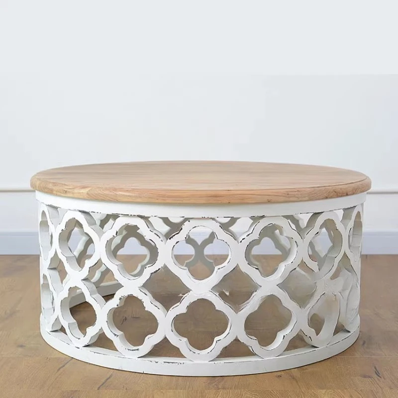 

European solid wood round coffee table, pastoral style side table, solid wood furniture rust empty coffee table