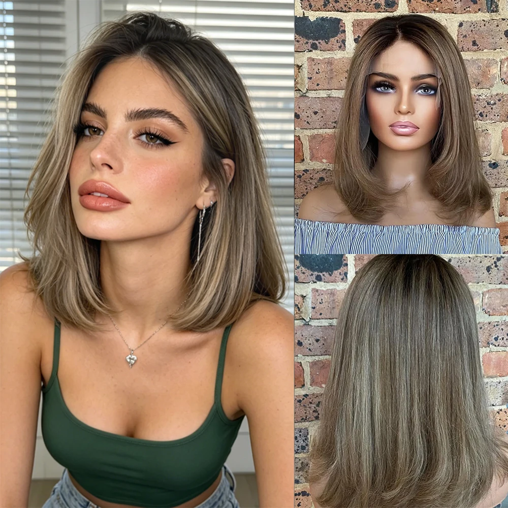 

Medium Brown Balayage Straight Bob Wig with Blonde Highlights Lace Front Soft Cute 12 Inch Synthetic Premium Fiber Women's Wig