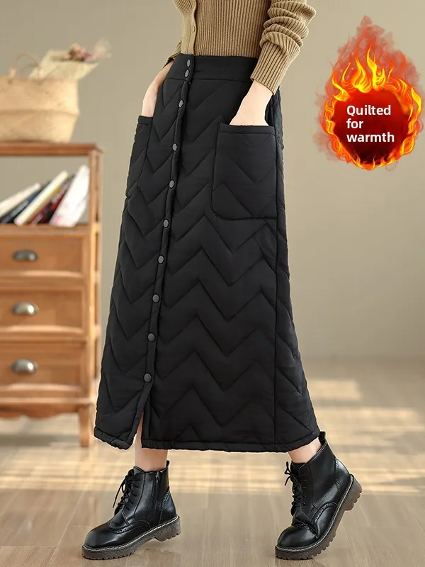 Rok A-Line Berbahan Katun Hangat Berlapis, Pinggang Tinggi, Kancing Ganda, Kasual, Serat Poliester, Model Pear Straight Body