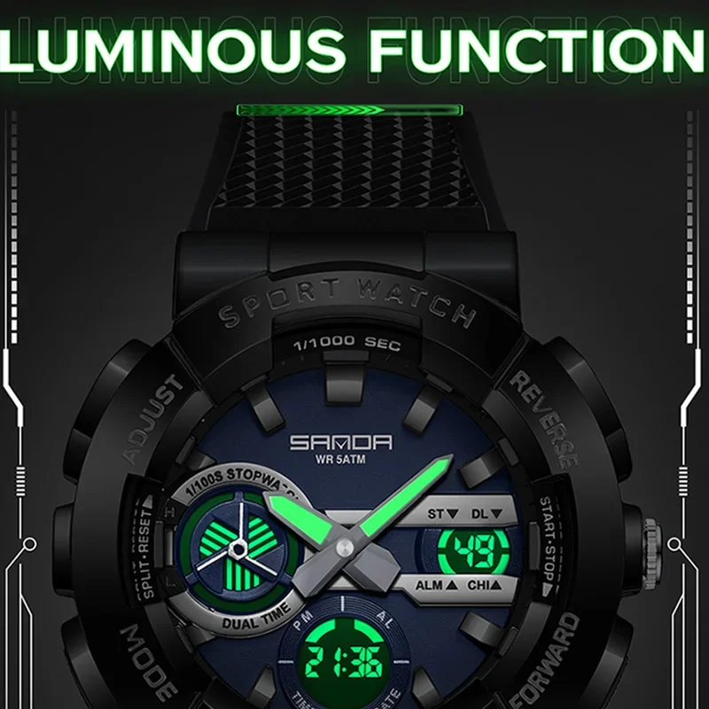 SANDA 3365 ساعة عسكرية للرجال عرض مزدوج ساعة توقيت رياضية رجل مقاوم للماء ساعة اليد الإلكترونية ساعة تنبيه ساعات كوارتز