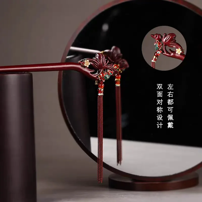 جديد النمط الصيني خشب الصندل المتدلي شرابة دبوس الشعر على الوجهين الأحمر زهرة اللوتس تصميم إكسسوار شعر أنيق للنساء #5