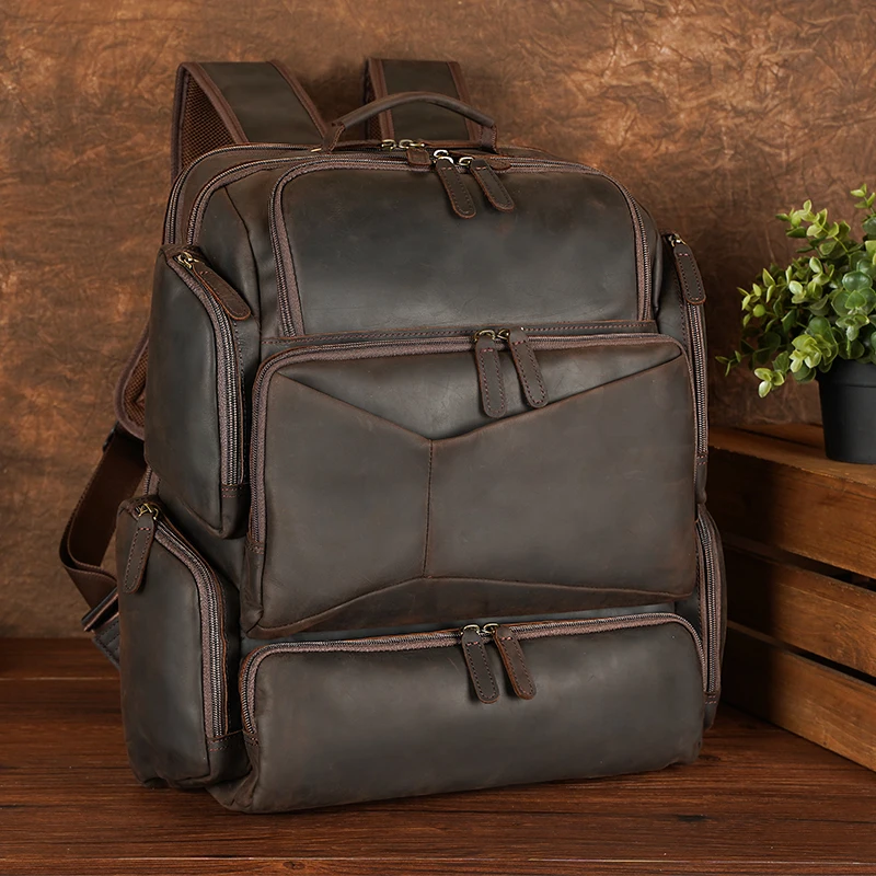 

Large Capacity Pure Cowhide Laptop Double Computer Crazy Horse Men Custom Back Back Rucksack Knapsack Genuine Leather Backpack