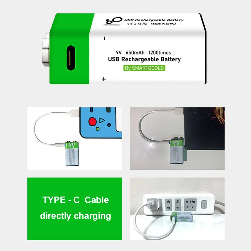 Batería recargable de litio de 9V y 650mAh, carga USB, batería cuadrada de iones de litio de 9 v para juguete, Control remoto, multímetro KTV,