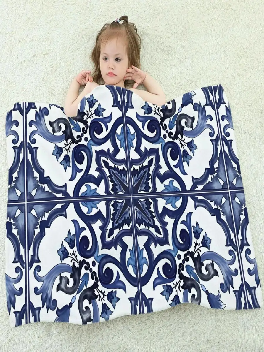 Mediterranean Blue Floral Plaid Art Pattern Ultra Soft Throw Blanket for Sofa Bed Living Room Home Decor