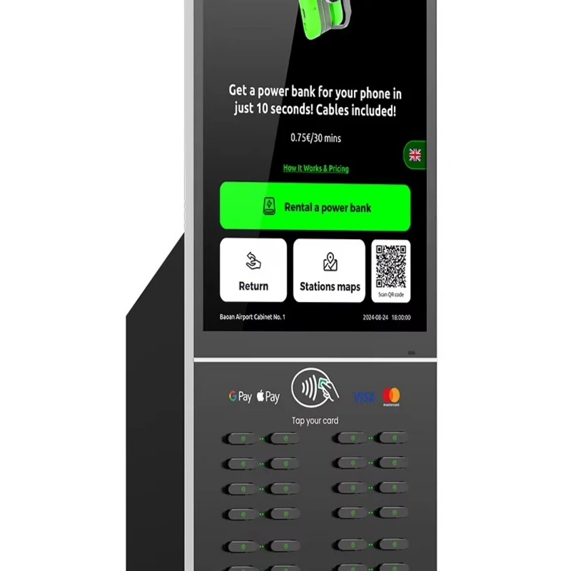 Shared charging station with 32 slots, 43-inch touchscreen, built-in POS, swipe capability, and multiple rental options