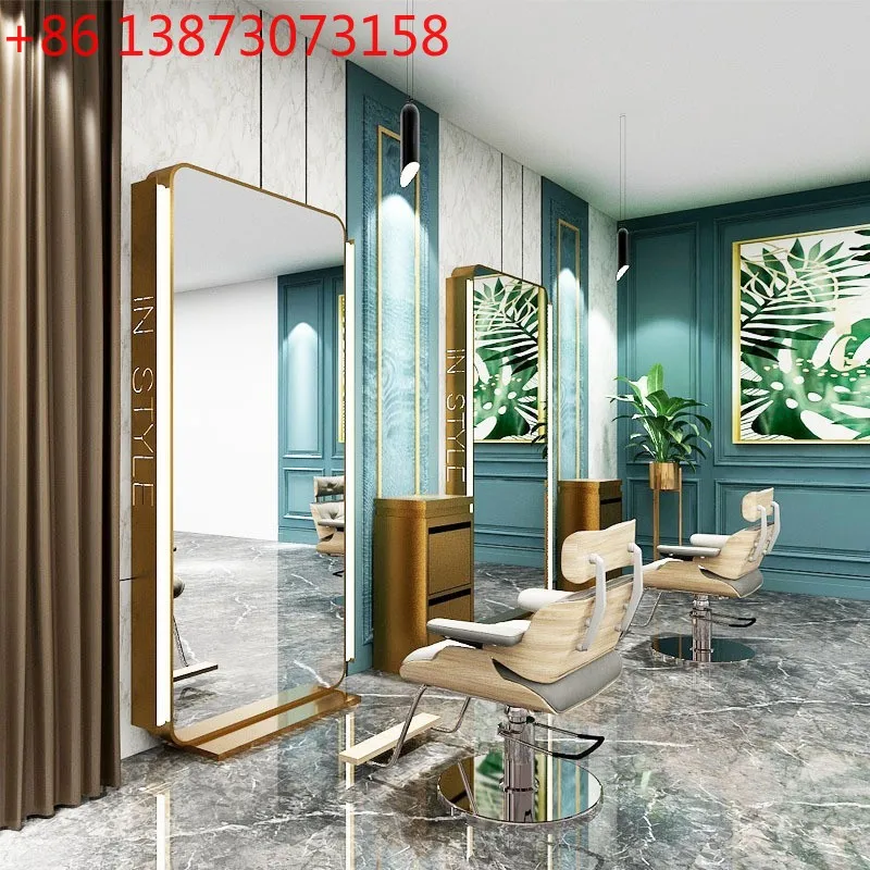 

Золотое зеркало-стол из нержавеющей стали высокой четкости с подсветкой, двустороннее напольное зеркало для парикмахерских.