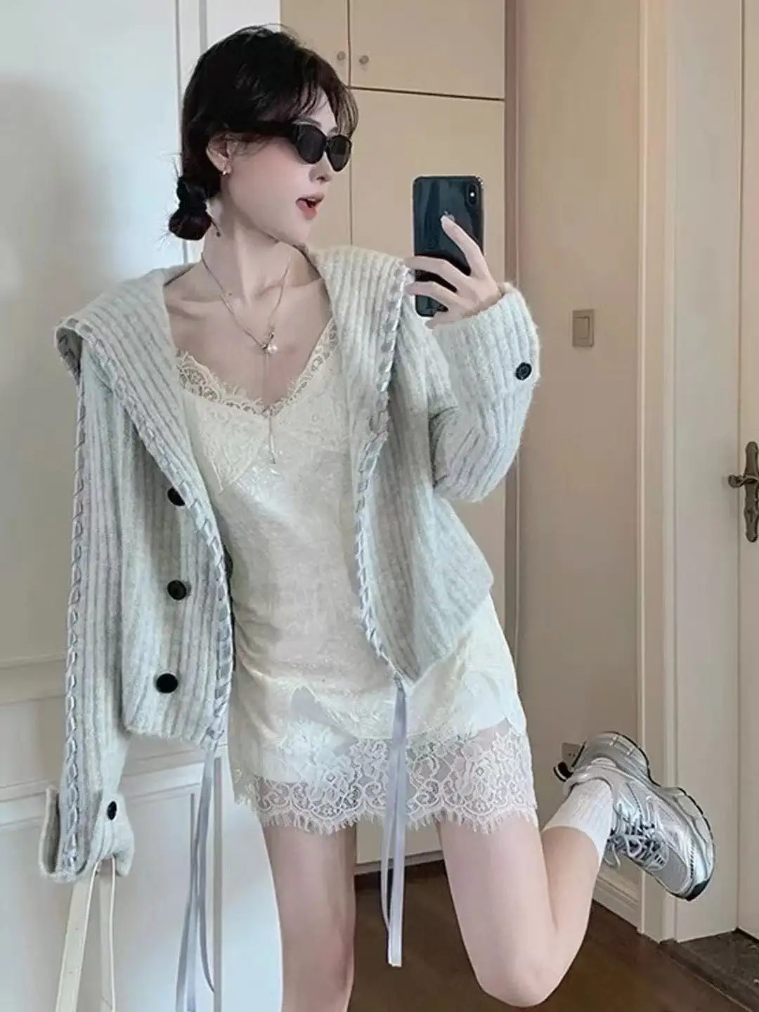 الكورية Sle طويلة Sve بدوره إلى أسفل طوق محبوك سترة المرأة الخريف الشتاء جديد Sle سترة مفتوحة مخطط Dstring Na... #3