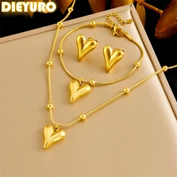 DIEYURO 316L Stainless Steel Simple Elegant Heart Necklace Earrings Bracelet Set Womens New Trend Love Series Jewelry Gift Sets