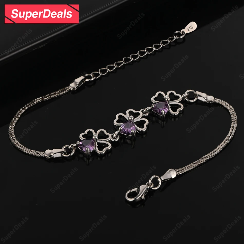 

SuperDeals Purple Zircon Four Leaf Clover 925 Sterling Silver Bracelet Lady Charm Wedding Party Anniversary Gift Nice Jewelry