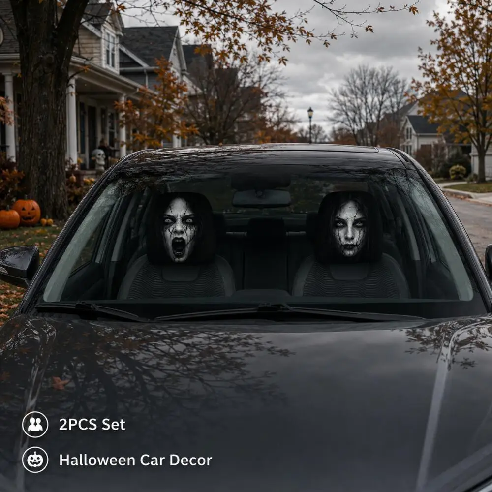 2Pcs Halloween Cracked Ghost Face Car Headrest Covers 2 Designs 2D Printed Elastic Prank Protectors Car Interior Decor