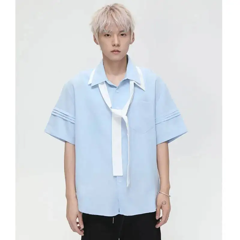 

Men's Short Sleeve Shirt With Belt Casual Loose Fit Turn-down Collar Solid Color Male Top 2025 Summer New Fashion Trend