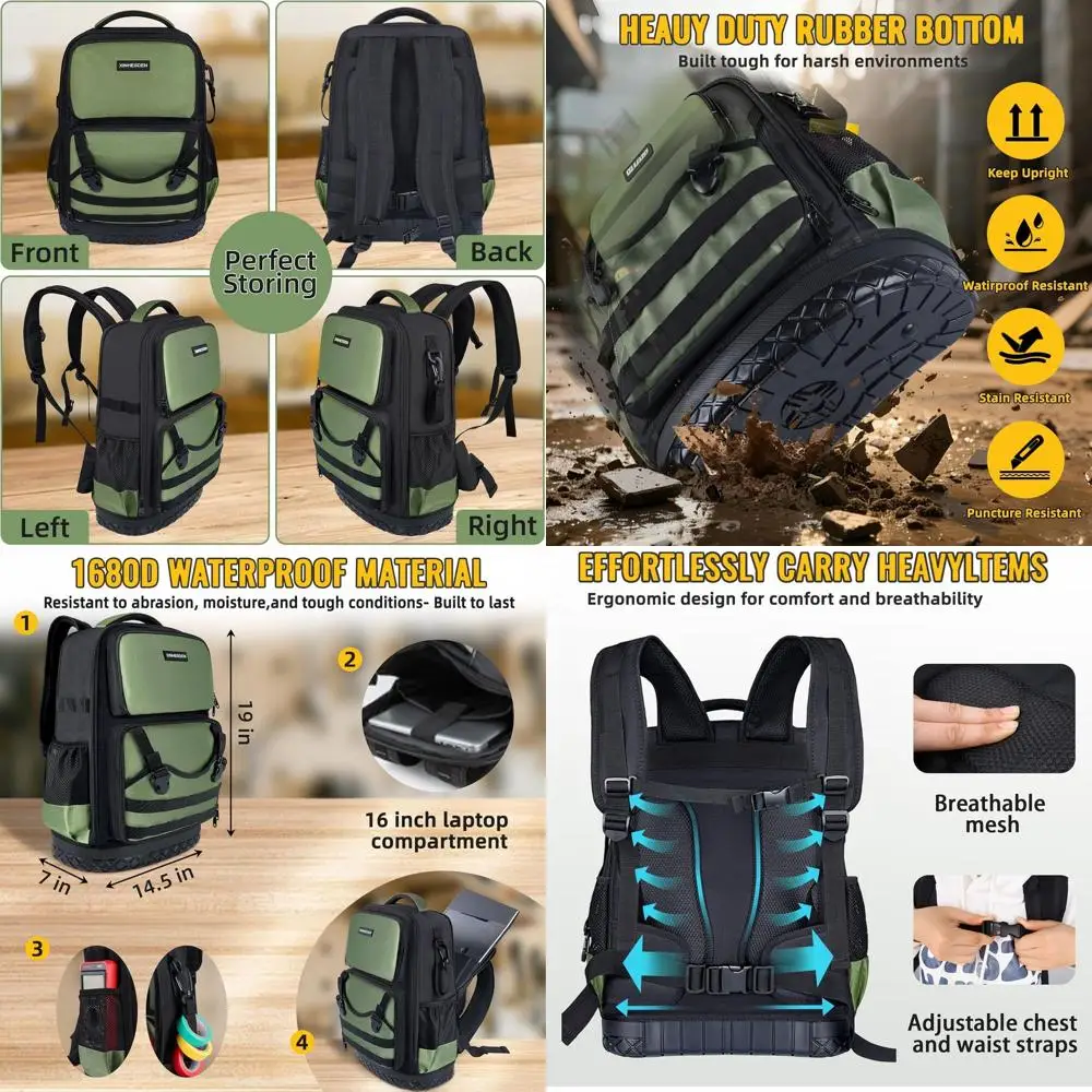 

Rugged Heavy-Duty Tool Backpack for Men, Large Waterproof Tool Bag Organizer with Molded Bottom, Utility Laptop Storage Backpack