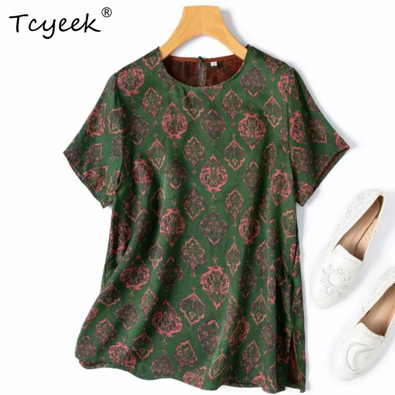 

Tcyeek 100% Real Silk Women T Shirt 2026 Spring Summer Simple Elegant Retro Print Round-neck Top Clothes for Woman Ropa De Mujer