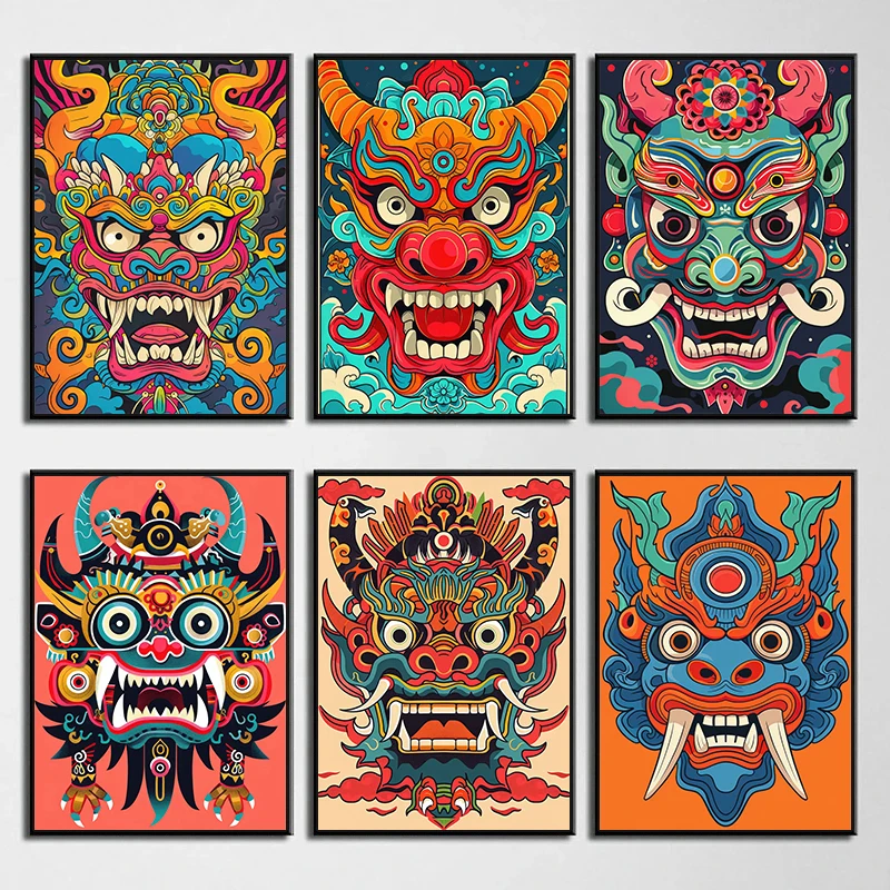 Póster de máscara de demonio japonés Oni Samurai Yokai, lienzo impreso, pintura, imagen artística de pared para habitación, decoración del hogar, regalo para amantes del folclórico