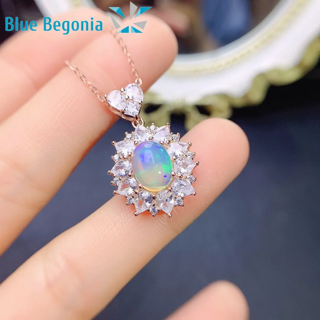 Natural Australia Opal Pendant Ring Sets for Women Anniversary Gift 7*9MM Gemstone Necklace Fine Jewelry 925 Sterling Silver