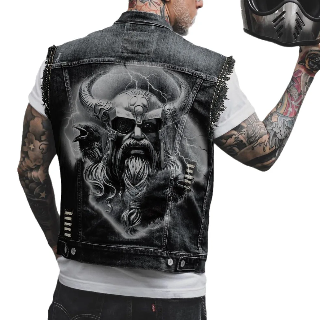 Men's High Street Ripped Jeans Vests Streetwear Printed Biker Waistcoat Motorcycle Rider Sleeveless Denim Jacket